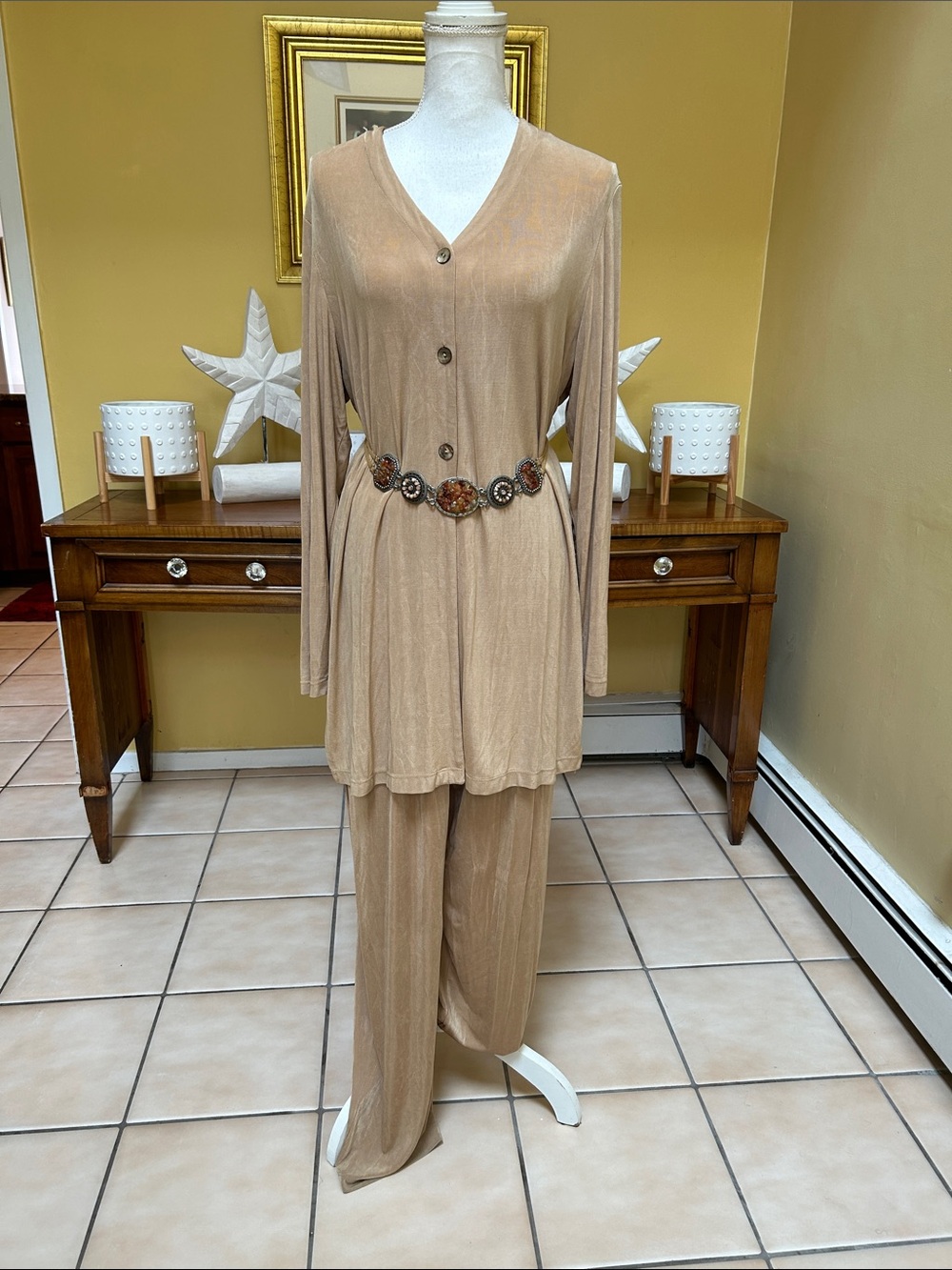 Citiknit Vtg 2PC Slinky Knit Beige Travel Leisure Jacket Pants Suit Set/ Belt L